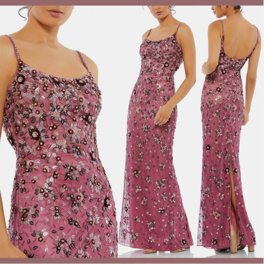 NWT $598 Mac Duggal [ 16 ] Floral Embellished Scoop Neck Gown in Raspberry Purpl